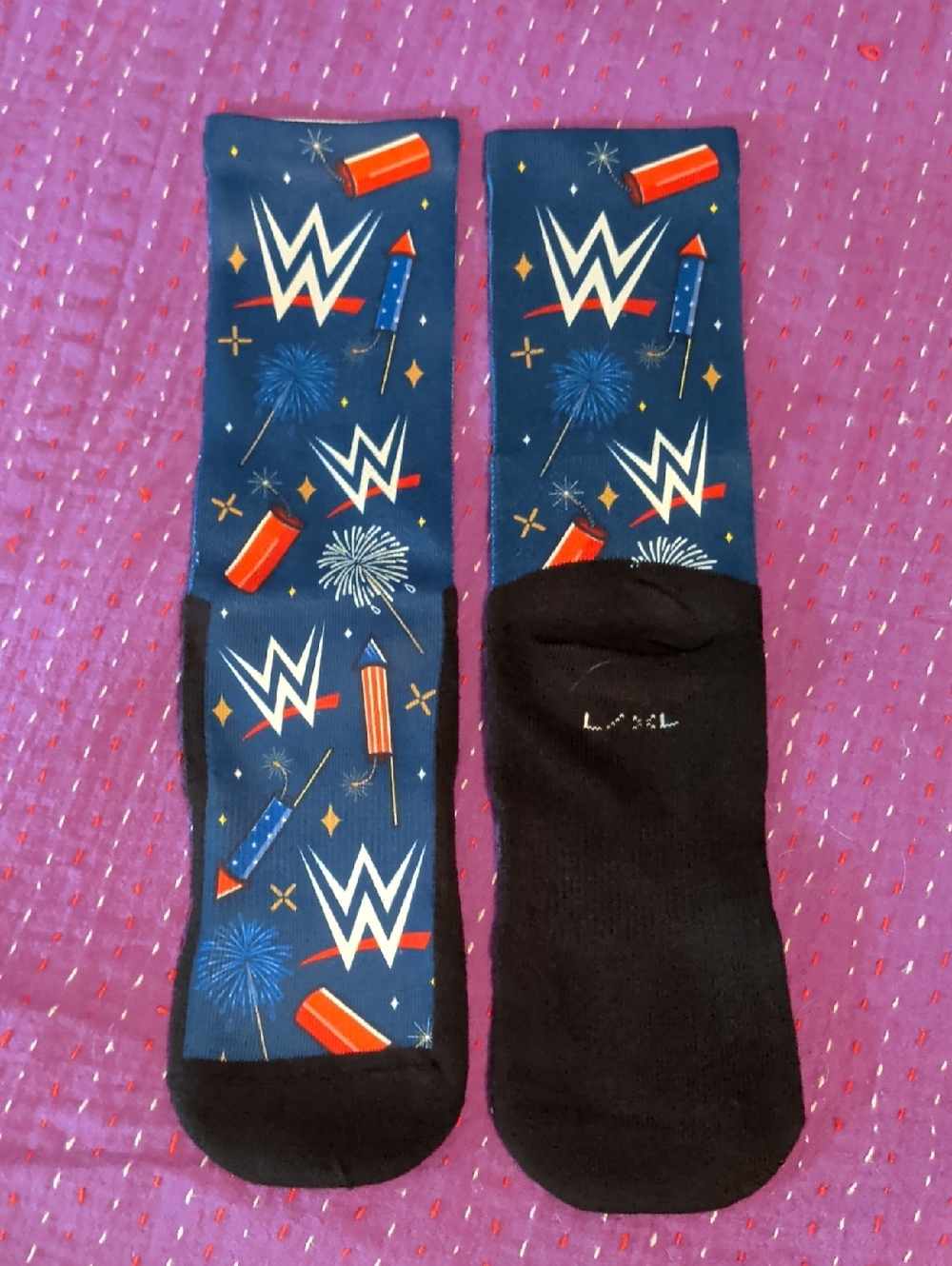 WWE Blue Crew Socks with Red & White Firework Motifs Sx L/XL